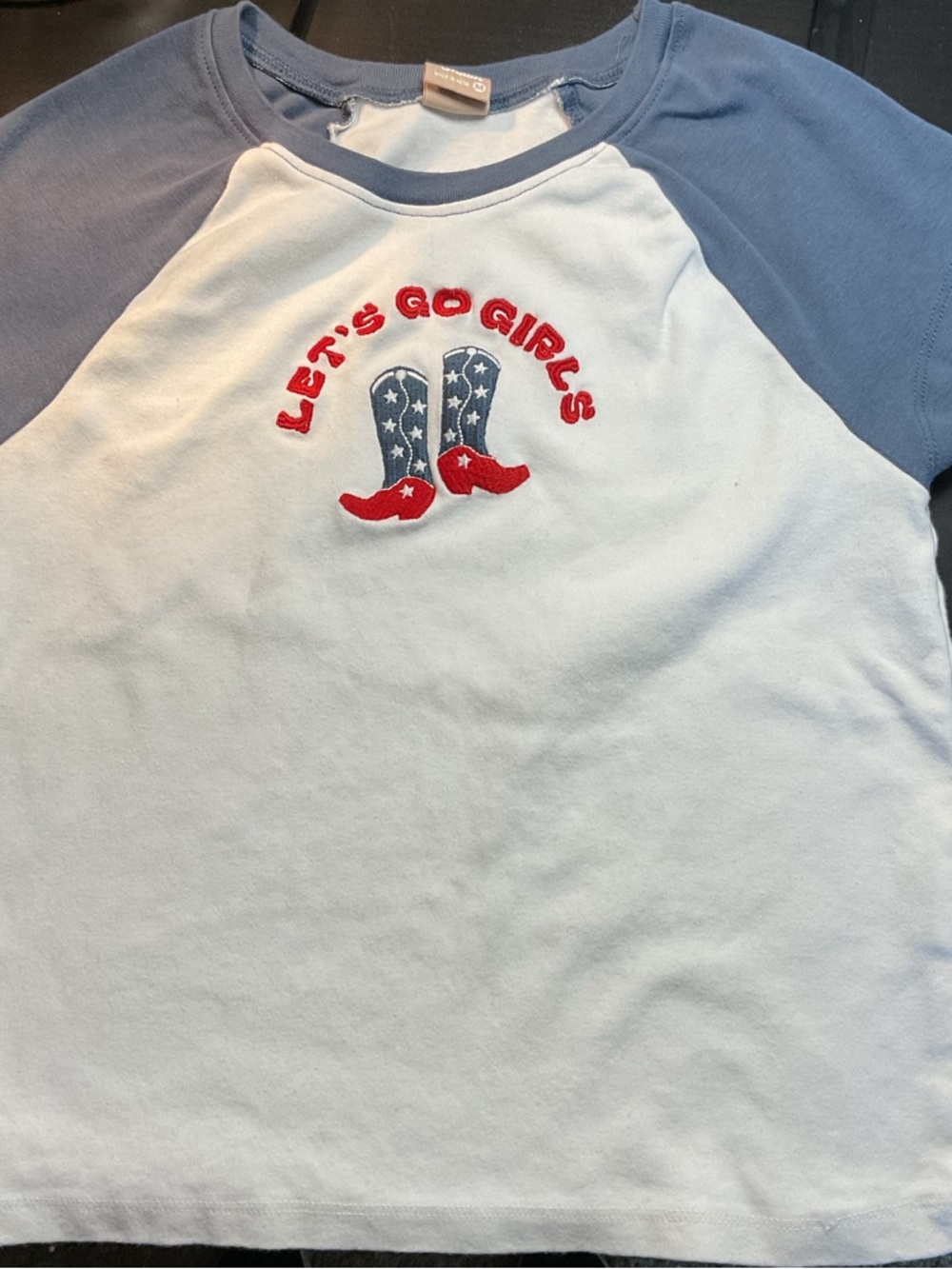 Messy Bun "Let's Go Girls" Raglan Tee Medium White Dusty Blue Cotton Graphic - Picture 2 of 5